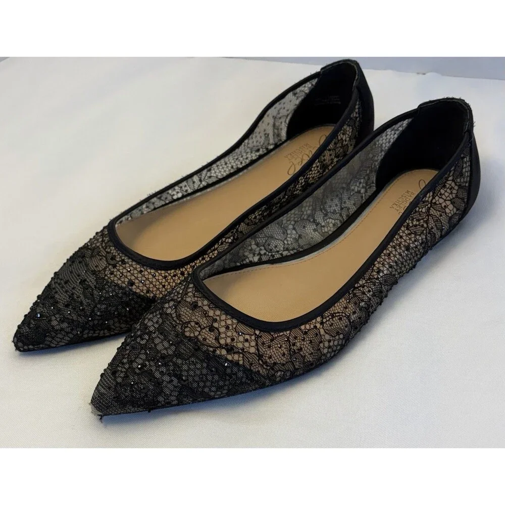 Jewel Badgley Mischka Juliana Black Ballet Flats US 8.5 Mesh Lace Pointed Toe